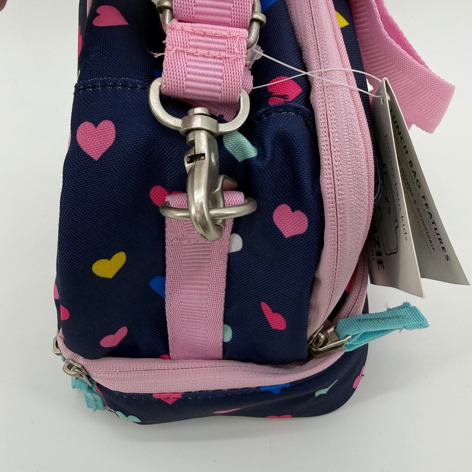 Nwt Pottery Barn Kids Mackenzie Dual Compartment Lunch Bag Navy Pink Multi Heart — image 6 of 6